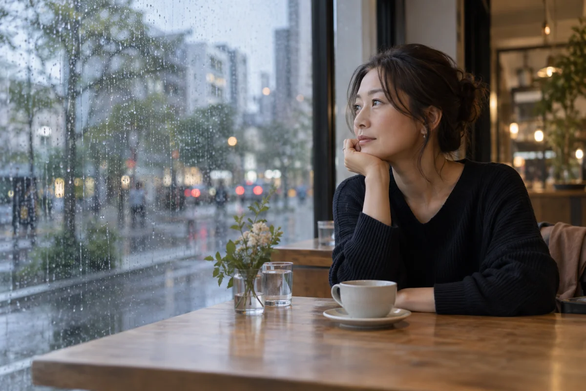 雨の日のカフェで関係について考える日本人女性