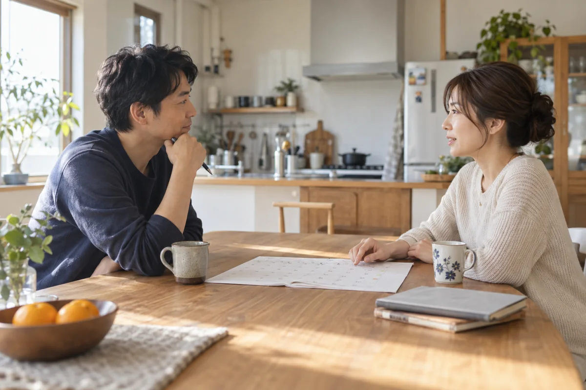 家庭の予定を前に落ち着いて対話する成人夫婦