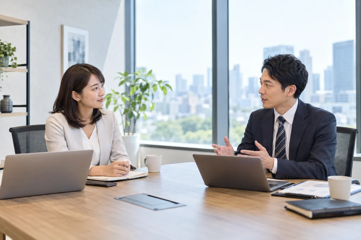 明るいオフィスで距離を保って話す同僚